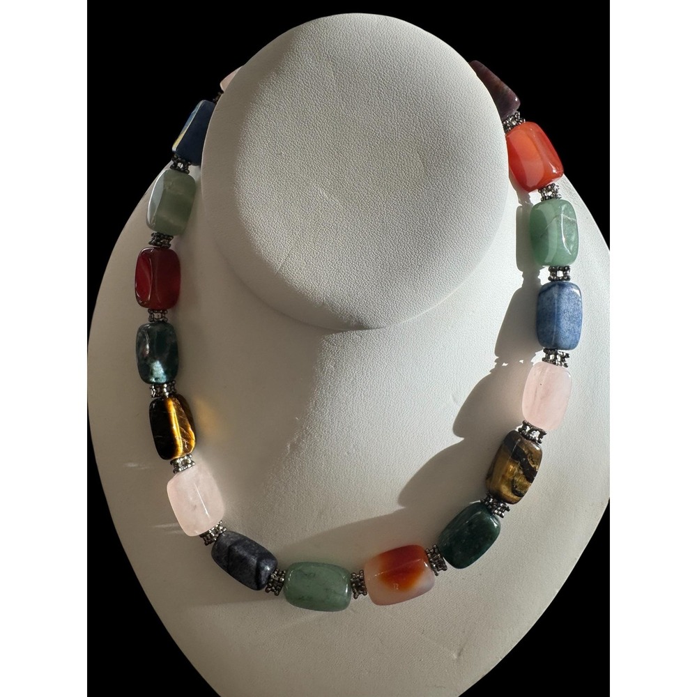 Beggar Beads Gemstone Chunky Barrel Bead Necklace Silver Tone Boho Statement‎